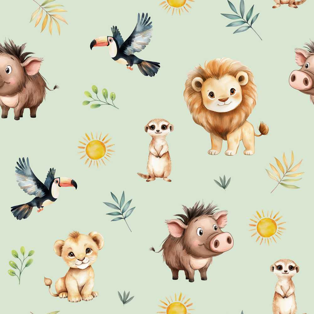 Jungle Animals Lion Meerkat Toucan Boar on Sage Green