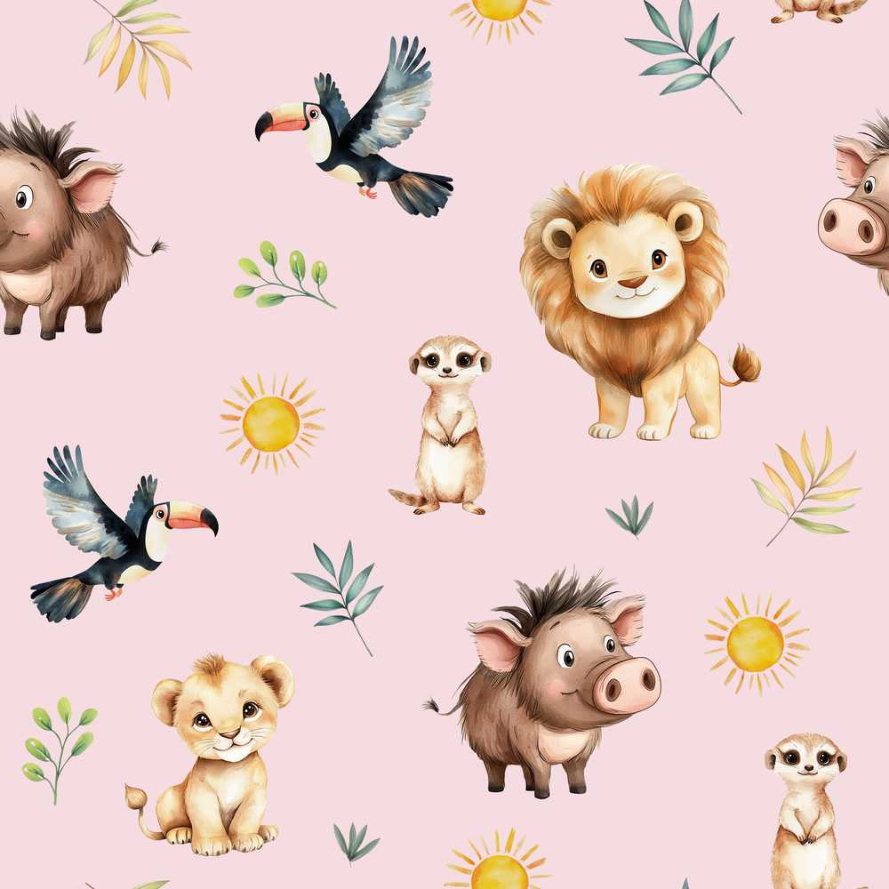 Jungle Animals Lion Meerkat Toucan Boar on Dusty Pink