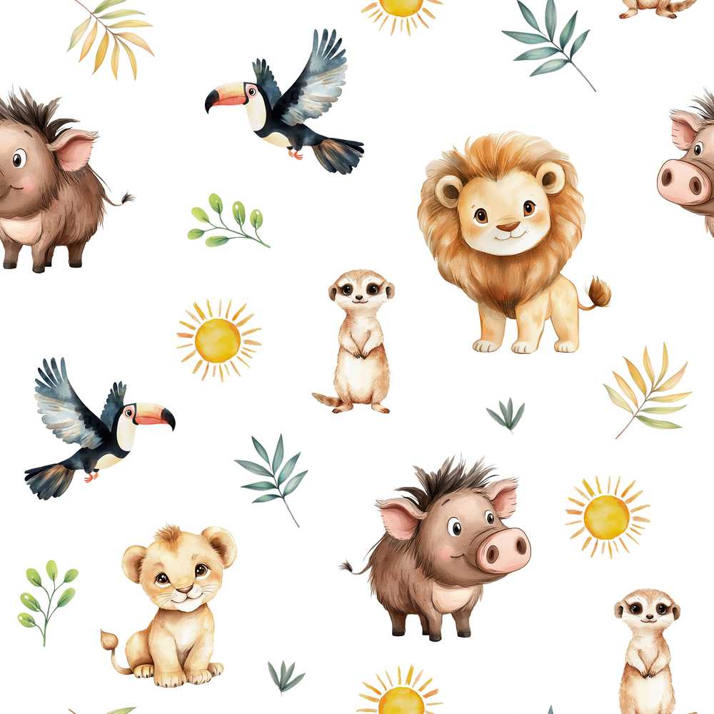 Jungle Animals Lion Meerkat Toucan Boar on Light Grey