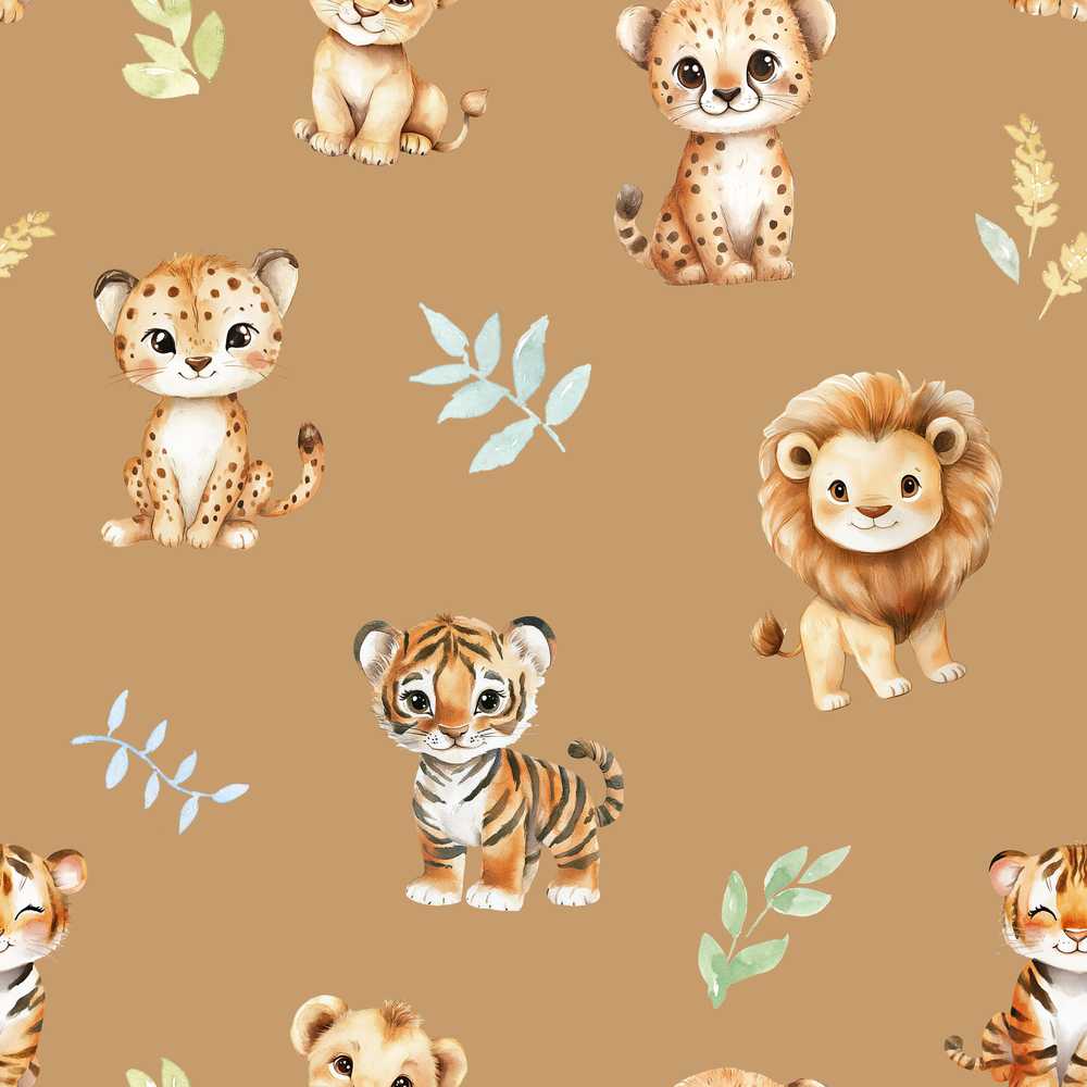 Baby Safari Animals Leopard Tiger Lion on Warm Brown