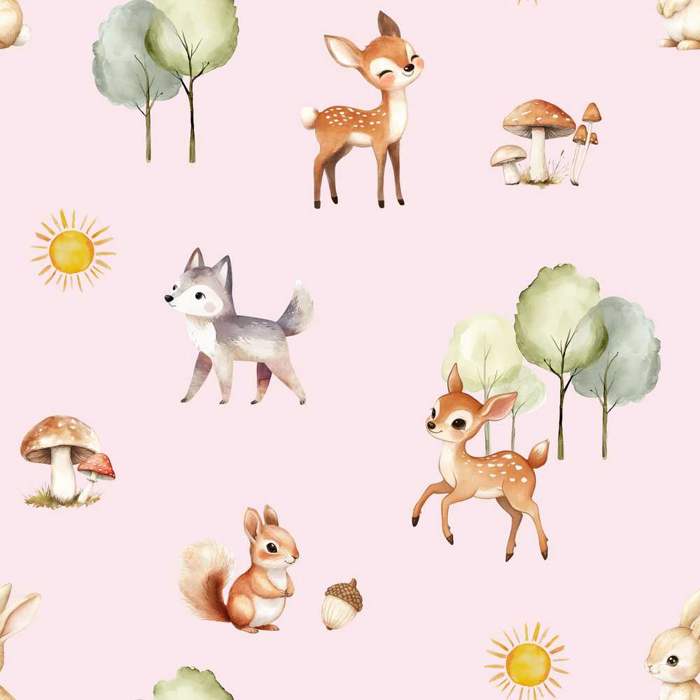 Woodland Animals Deer Fox Squirrel Mushrooms on Blush Pink