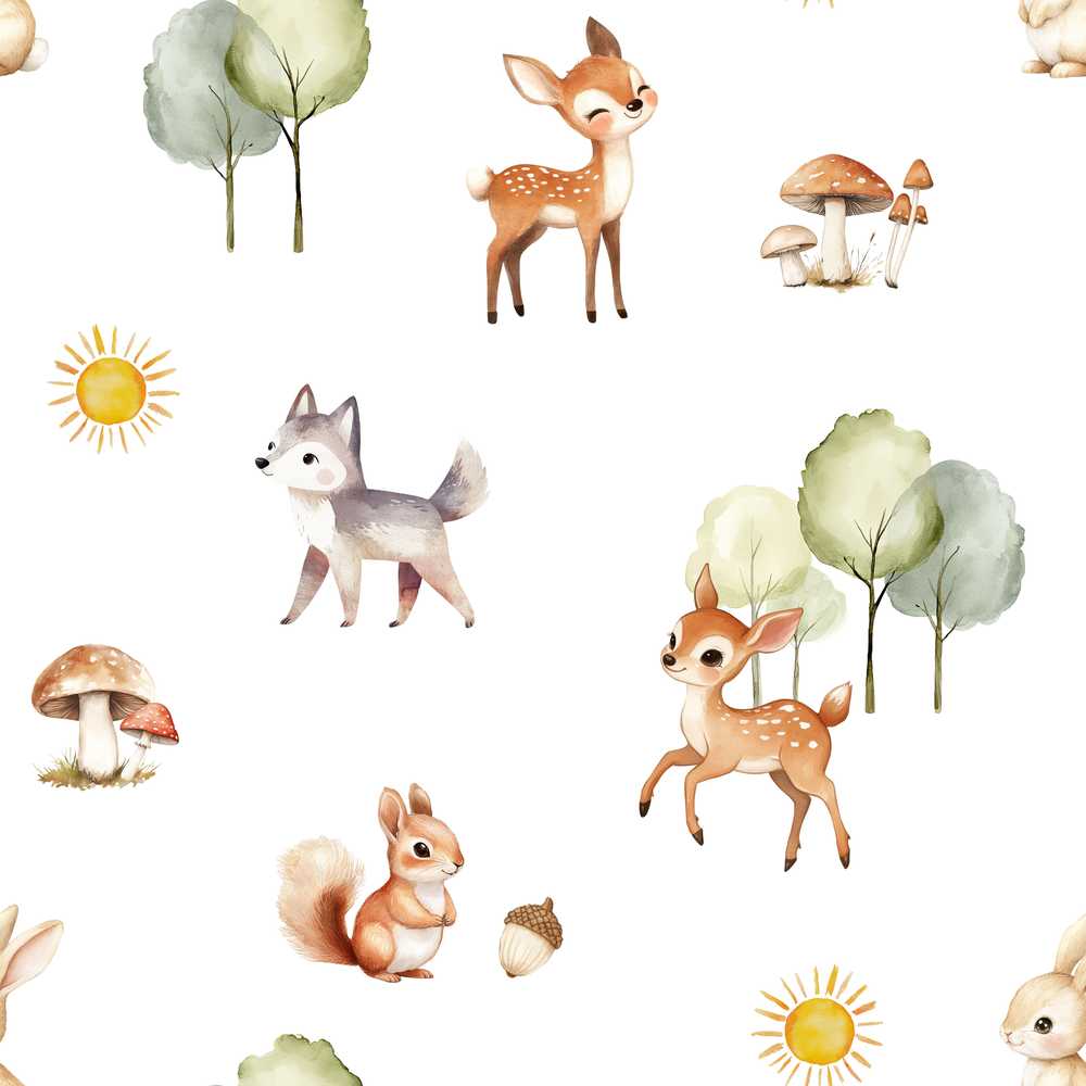 Woodland Animals Deer Fox Squirrel Mushrooms on Soft Grey