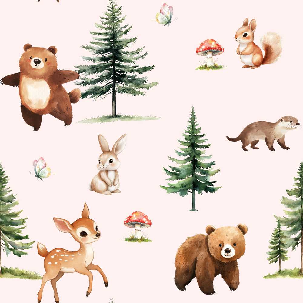 Forest Animals Bear Bunny Squirrel Trees on Blush Pink