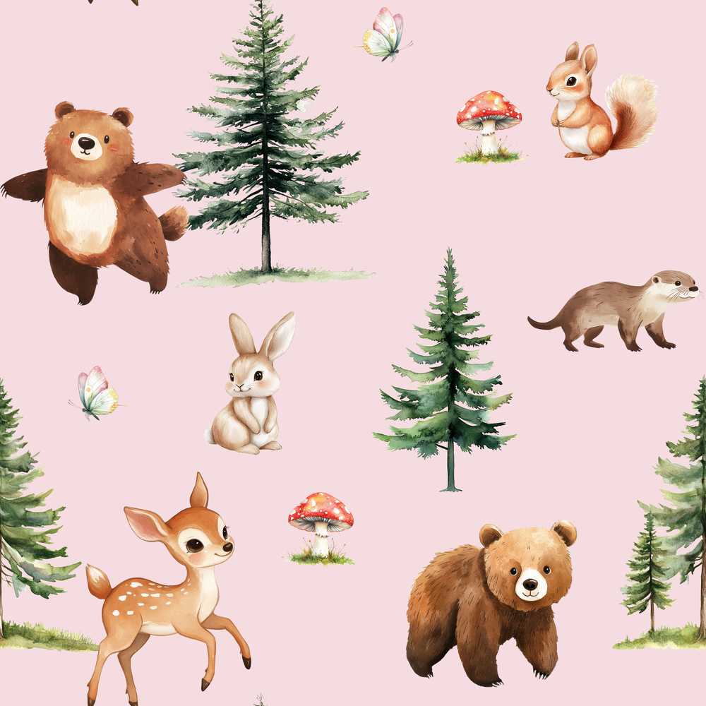 Forest Animals Bear Bunny Squirrel Trees on Warm Pink