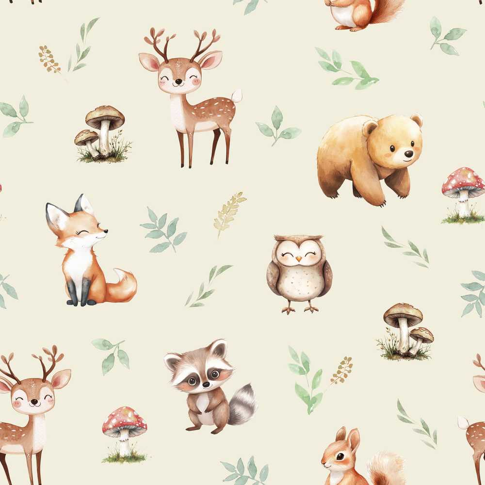 Forest Animals Bear Deer Fox Owl Raccoon on Warm Beige