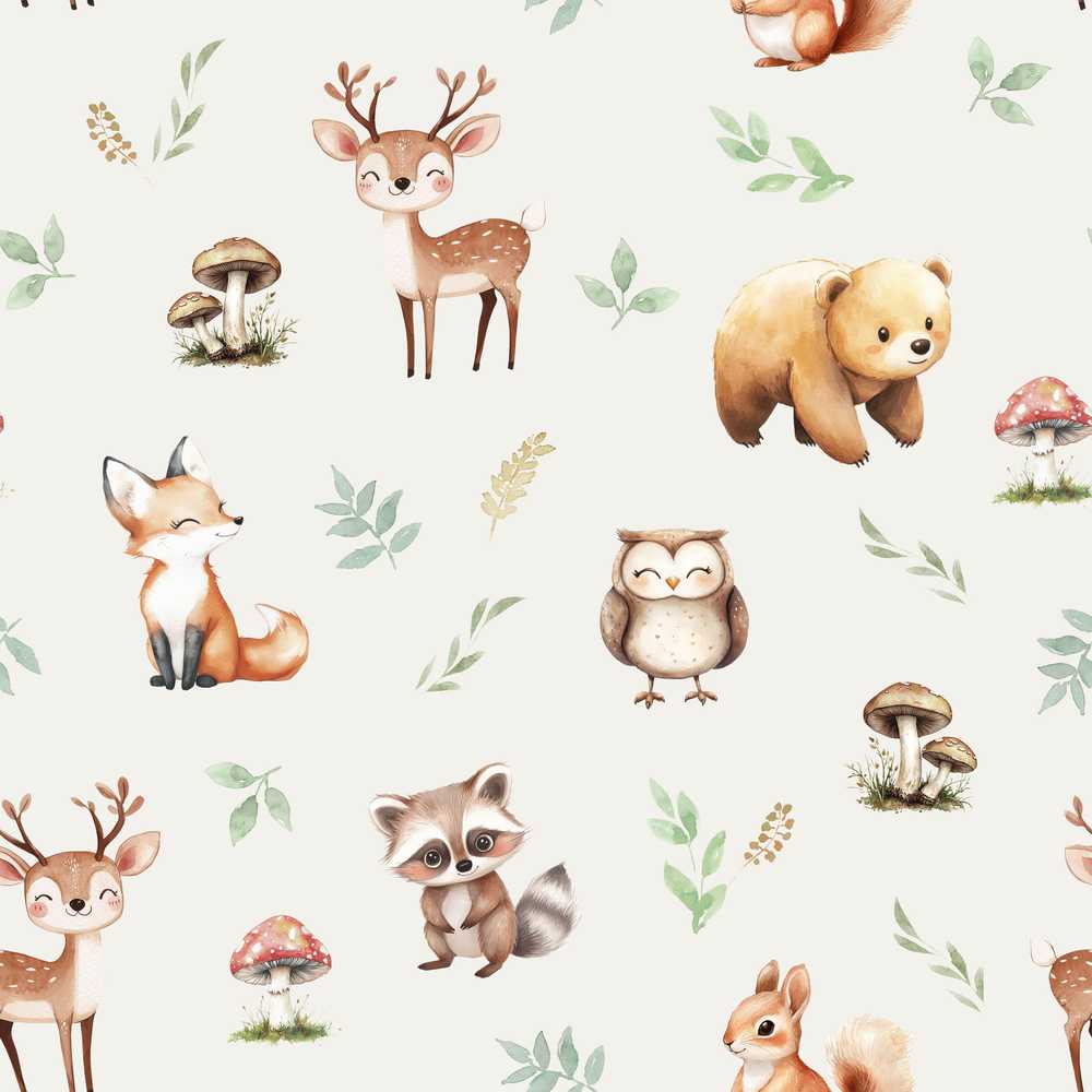 Forest Animals Bear Deer Fox Owl Raccoon on Light Grey