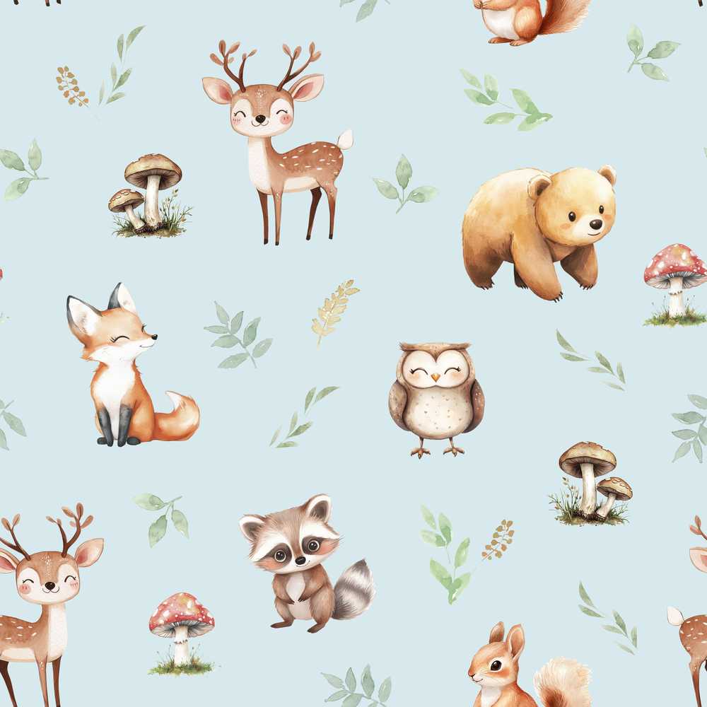 Forest Animals Bear Deer Fox Owl Raccoon on Soft Blue
