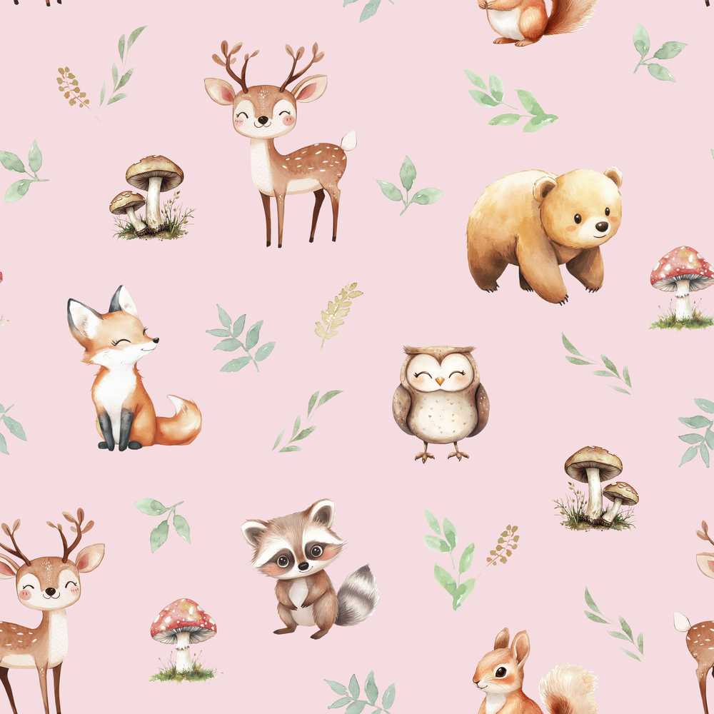 Forest Animals Bear Deer Fox Owl Raccoon on Blush Pink