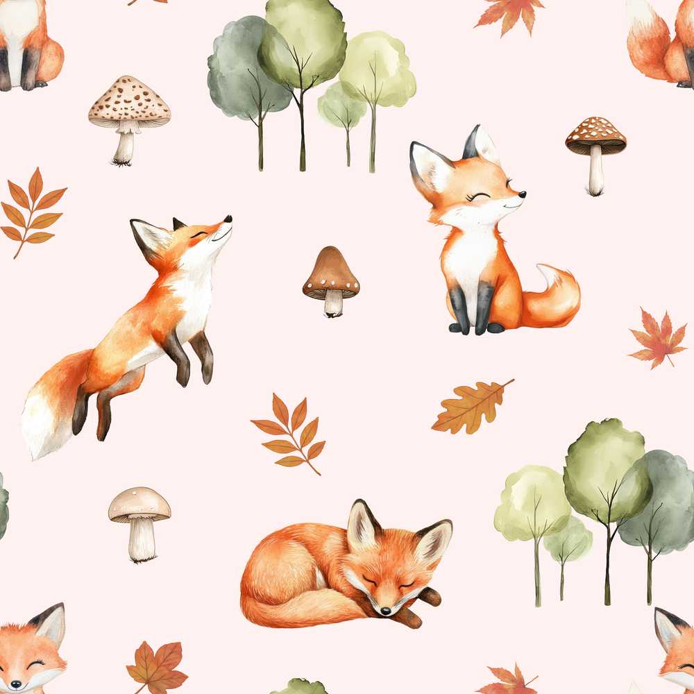 Woodland Fox with Trees Leaves Mushrooms Soft Blush Wildflower