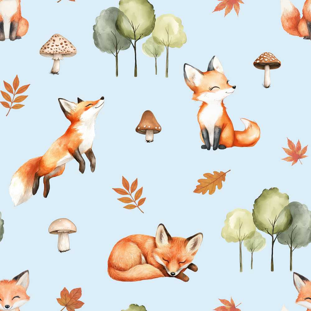 Woodland Fox with Trees Leaves Mushrooms Soft Blue Wildflower