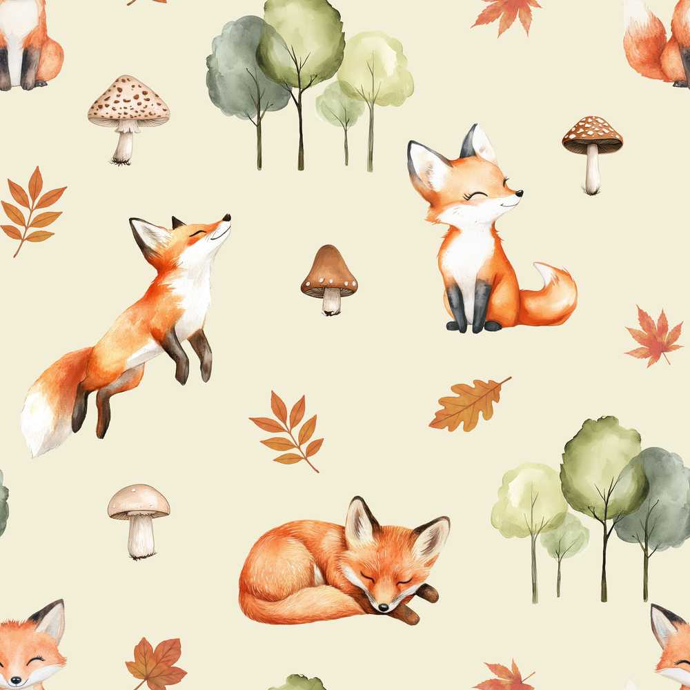 Woodland Fox with Trees Leaves Mushrooms Soft Sage Wildflower