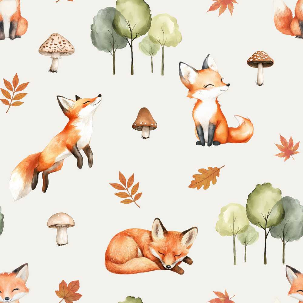 Woodland Fox with Trees Leaves Mushrooms Soft Grey Wildflower