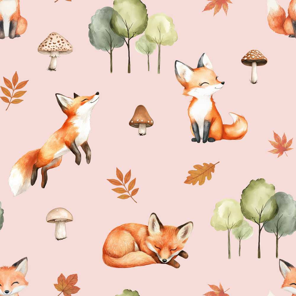 Woodland Fox with Trees Leaves Mushrooms Soft Pink Wildflower