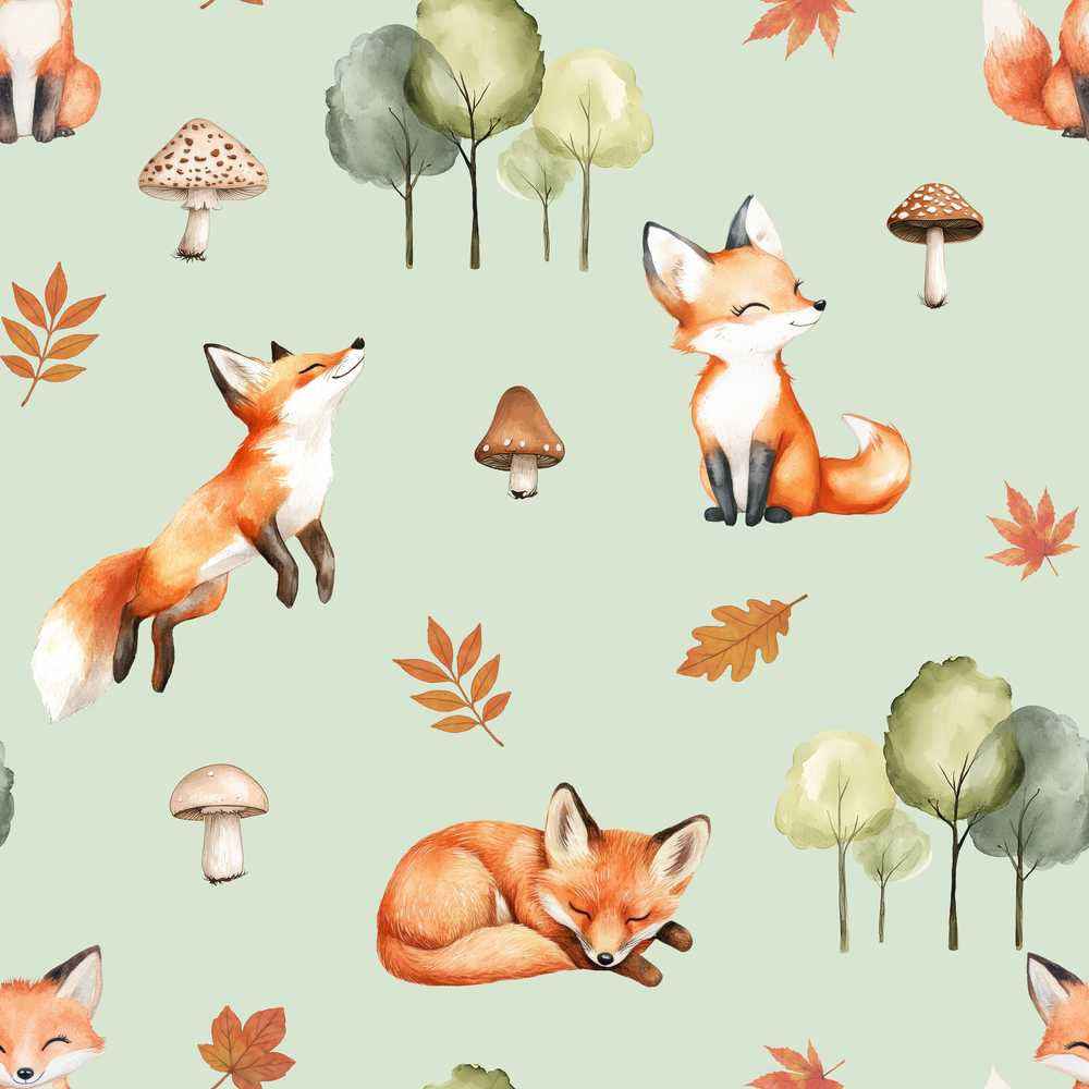 Woodland Fox with Trees Leaves Mushrooms Soft Green Wildflower