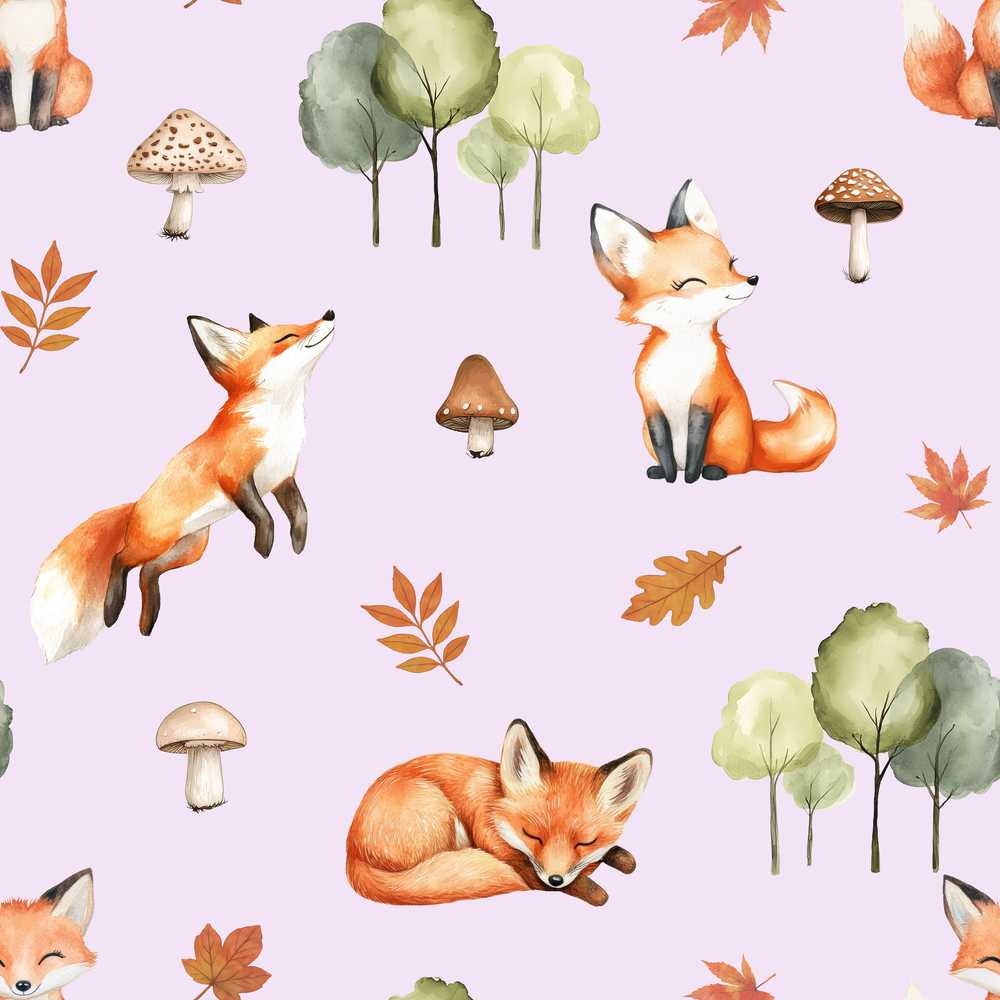 Woodland Fox with Trees Leaves Mushrooms Soft Lavender Wildflower