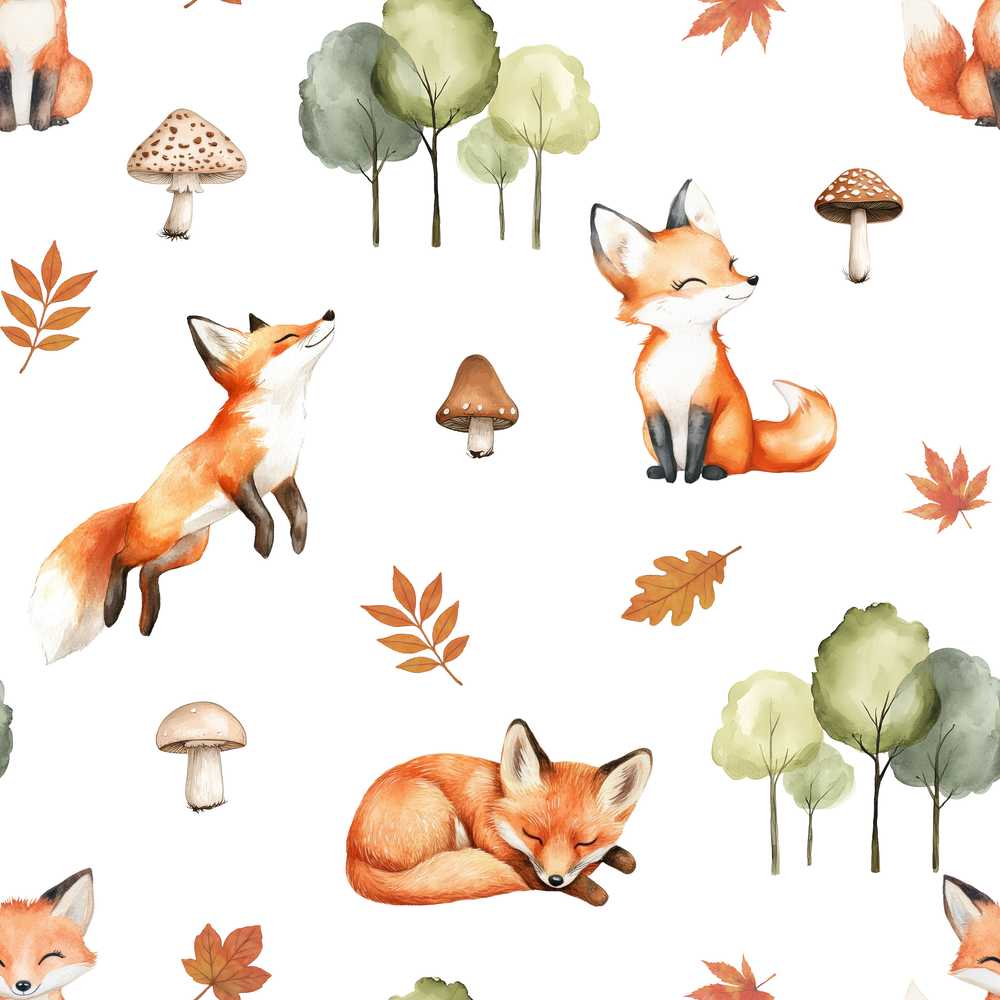 Woodland Fox with Trees Leaves Mushrooms Soft Grey Wildflower
