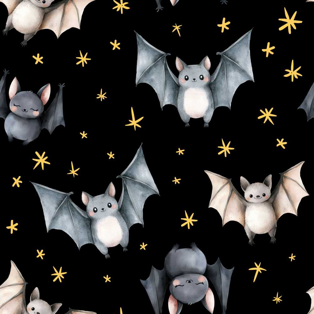Cute Baby Bats with Stars Night Sky Black Background