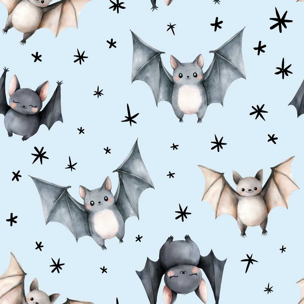 Cute Baby Bats with Stars Night Sky Blue Background