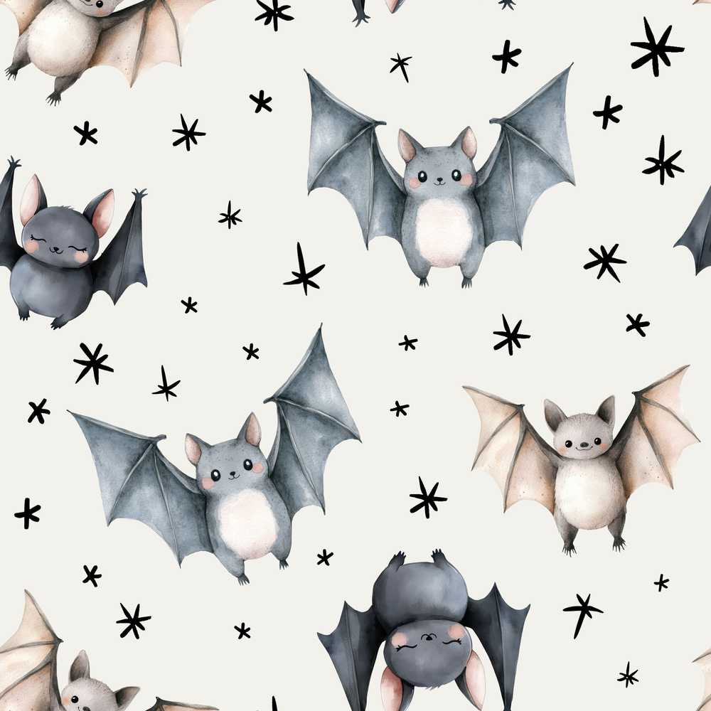 Cute Baby Bats Flying with Stars Soft Grey Background