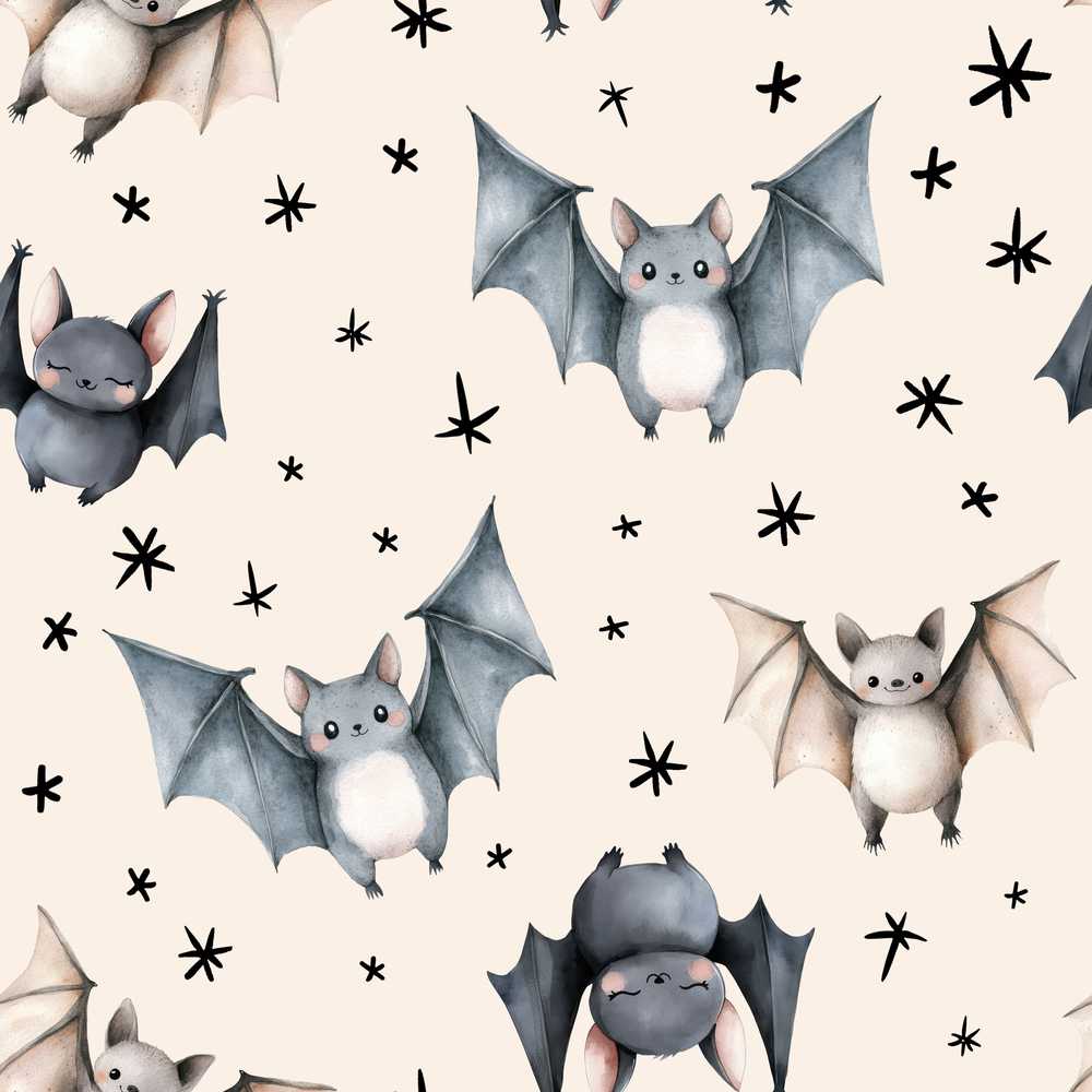 Cute Baby Bats Flying with Stars Soft Beige Background