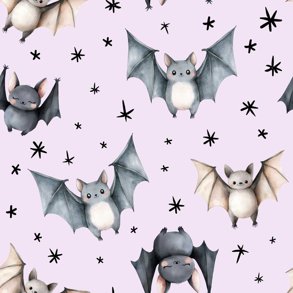 Cute Baby Bats Flying with Stars Soft Lavender Background