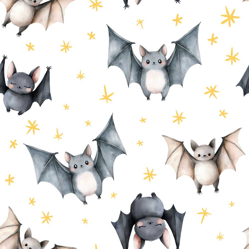 Cute Baby Bats Flying with Stars Soft White Background