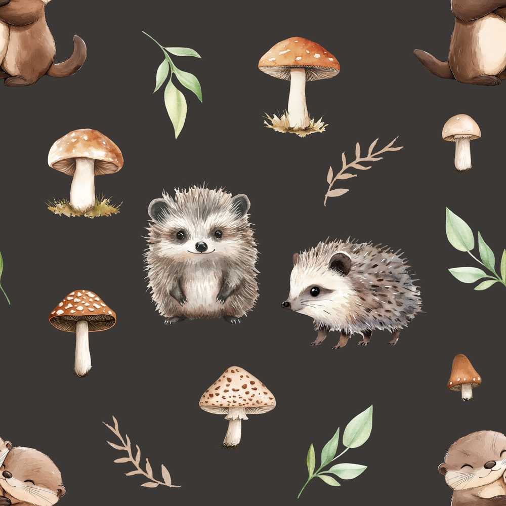 Woodland Hedgehogs with Mushrooms Leaves Dark Brown Wildflower Pattern