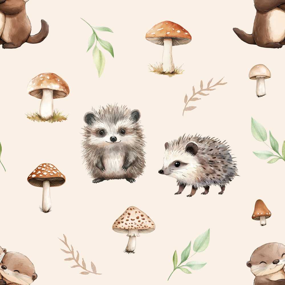Woodland Hedgehogs with Mushrooms Leaves Warm Neutral Wildflower Pattern