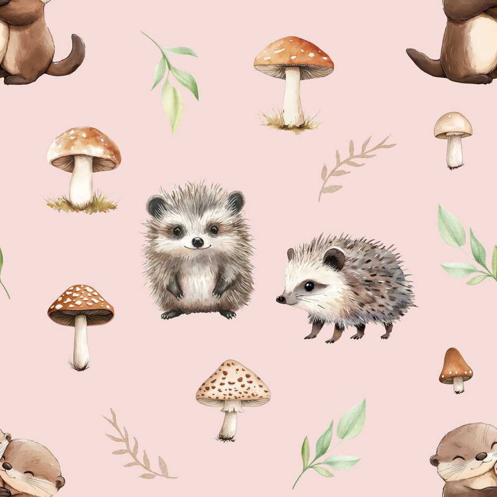 Woodland Hedgehogs with Mushrooms Leaves Soft Cream Wildflower Pattern
