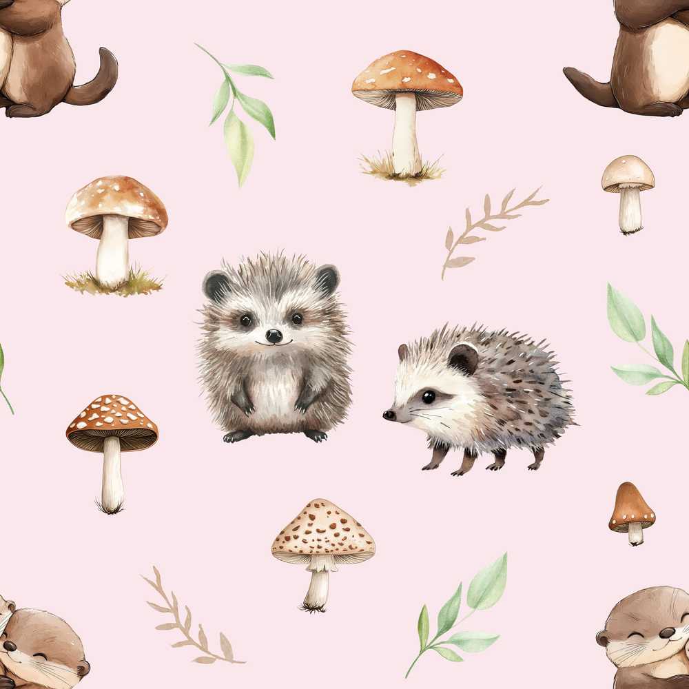 Woodland Hedgehogs with Mushrooms Leaves Soft Pink Wildflower Pattern
