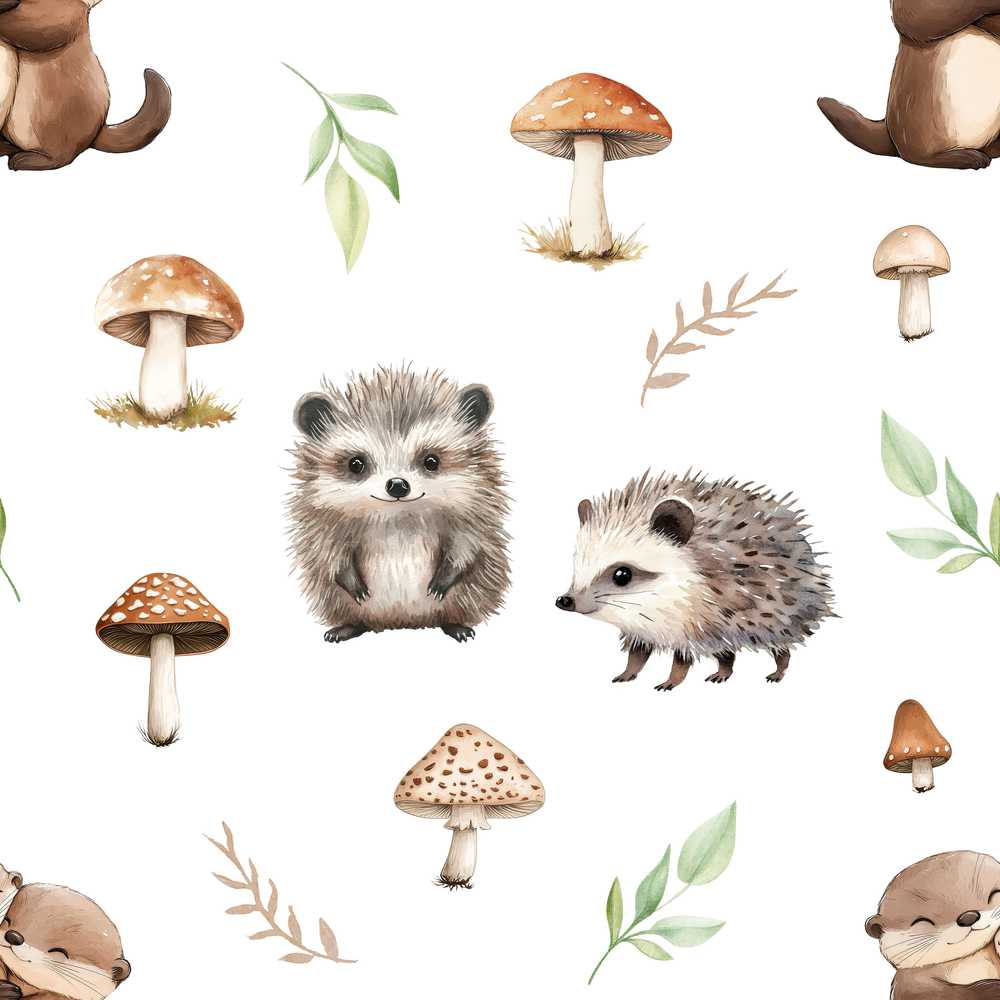 Cute Woodland Hedgehogs with Mushrooms Leaves White Background Wildflower