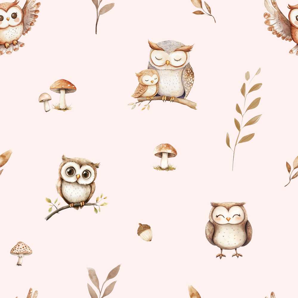Cute Woodland Owls with Mushrooms Leaves Soft Blush Background