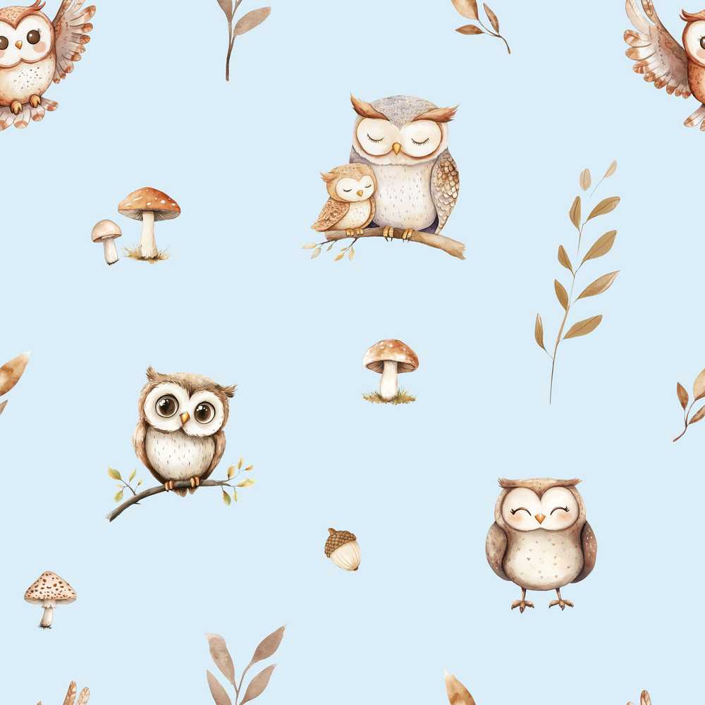 Cute Woodland Owls with Mushrooms Leaves Soft Blue Background