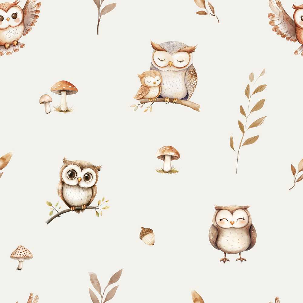 Woodland Owls with Mushrooms Leaves Warm Neutral Wildflower Pattern