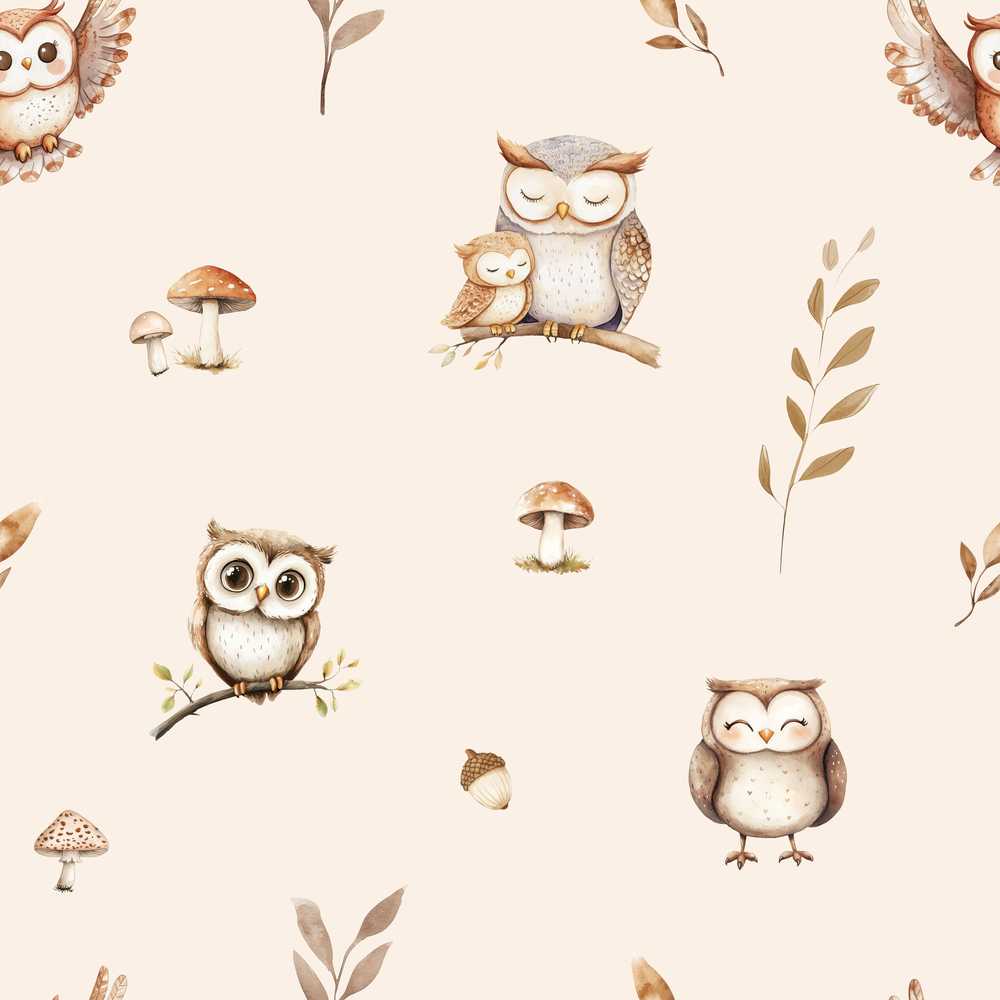 Cute Woodland Owls with Mushrooms Leaves Soft Cream Background
