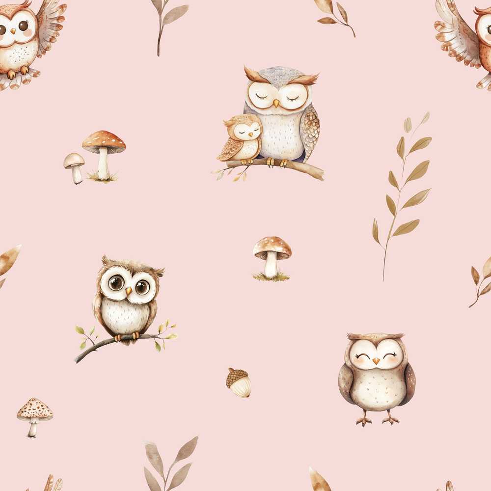 Cute Woodland Owls with Mushrooms Leaves Soft Pink Background