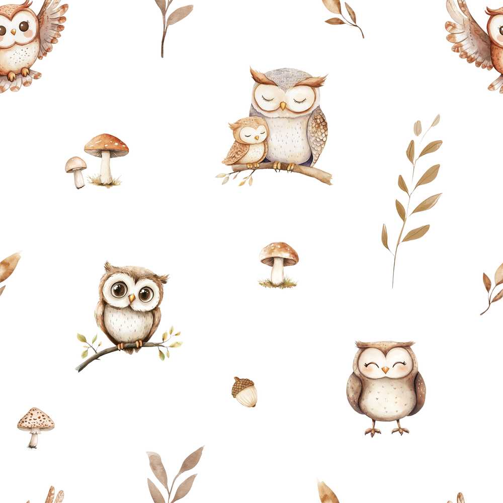 Cute Woodland Owls with Mushrooms Leaves Light Grey Background