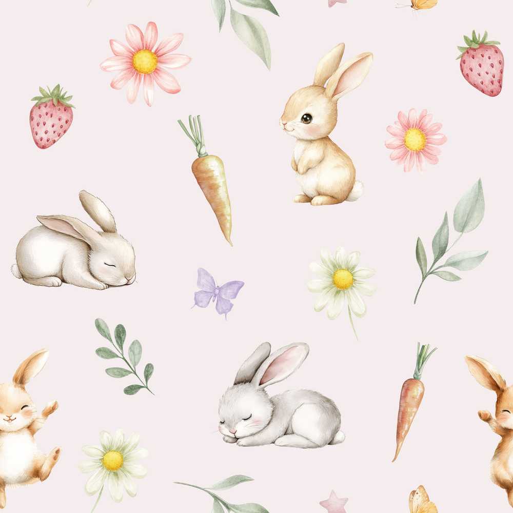 Cute Easter Bunnies with Flowers Carrots Soft Cream Background