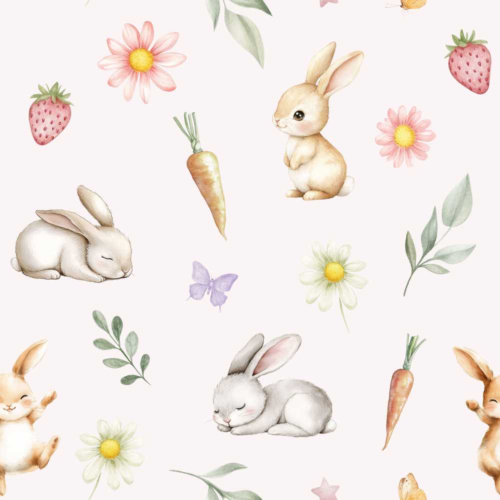 Cute Easter Bunnies with Flowers Carrots Soft Beige Background