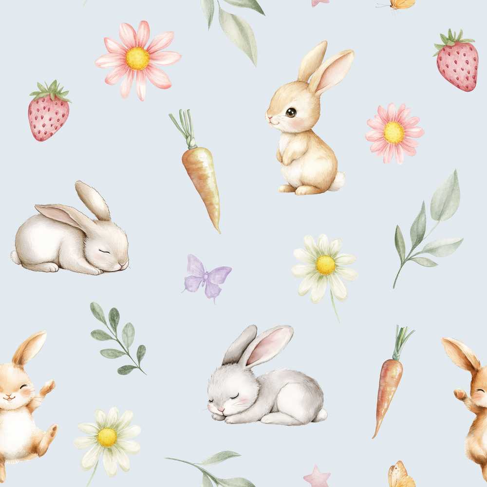 Cute Easter Bunnies with Flowers Carrots Soft Blue Background