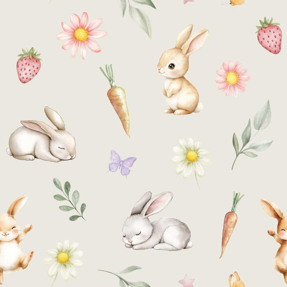 Easter Bunnies with Flowers Carrots Light Neutral Wildflower Pattern