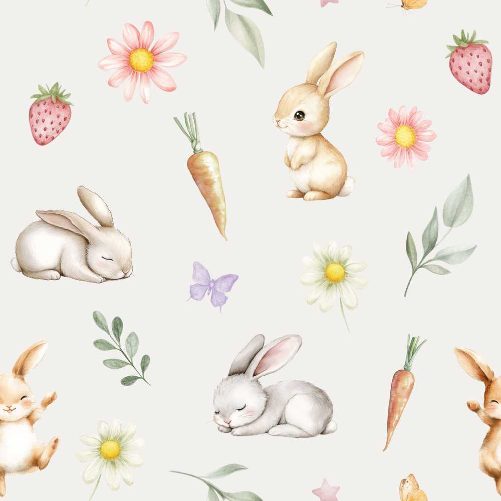 Cute Easter Bunnies with Flowers Carrots Soft Grey Background
