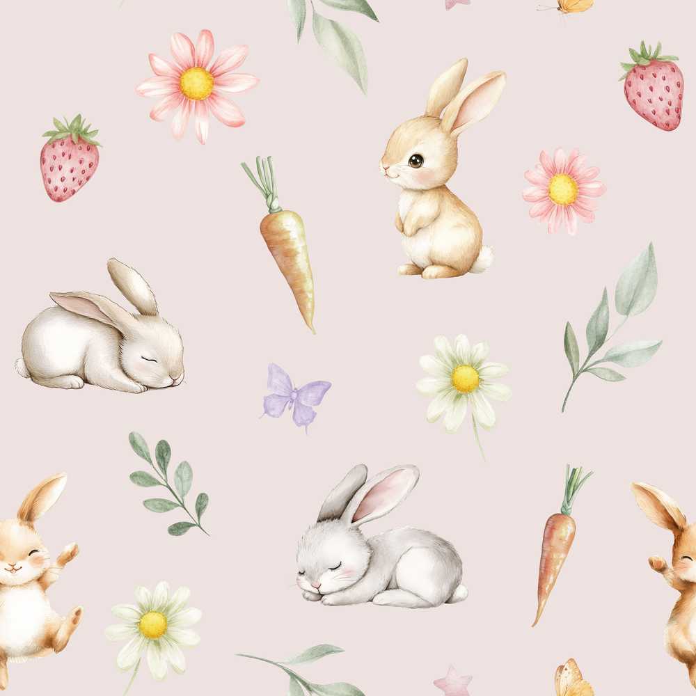 Cute Easter Bunnies with Flowers Carrots Soft Pink Background
