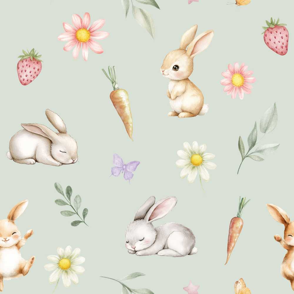 Cute Easter Bunnies with Flowers Carrots Soft Sage Background