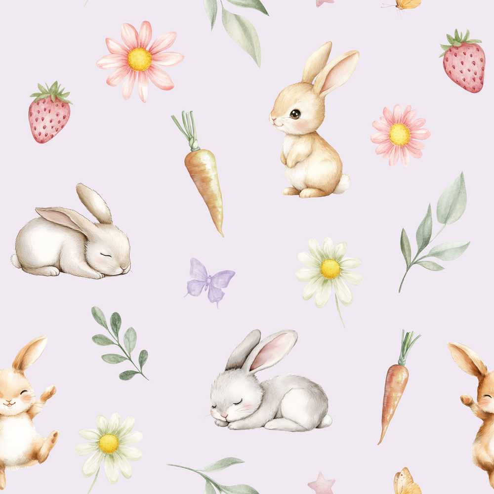 Cute Easter Bunnies with Flowers Carrots Soft Lilac Background