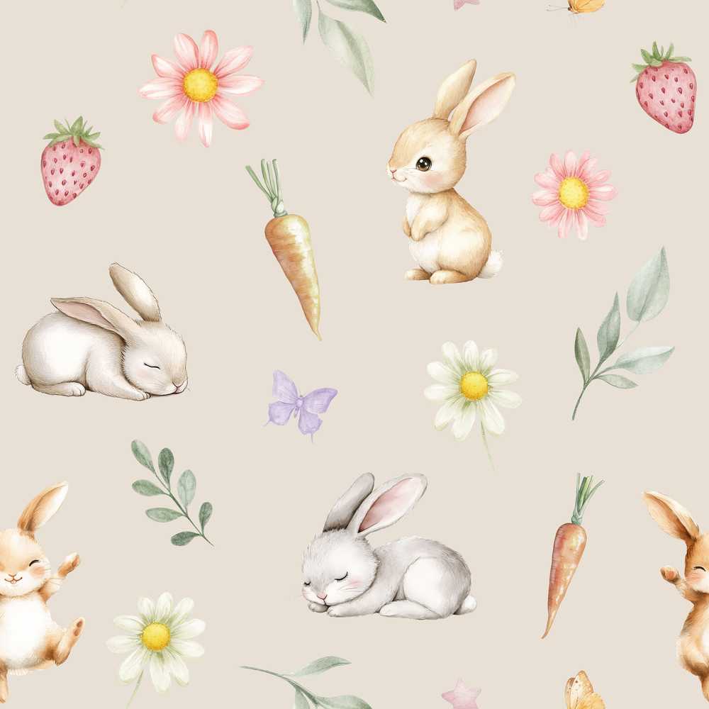 Cute Easter Bunnies with Flowers Carrots Soft Beige Background