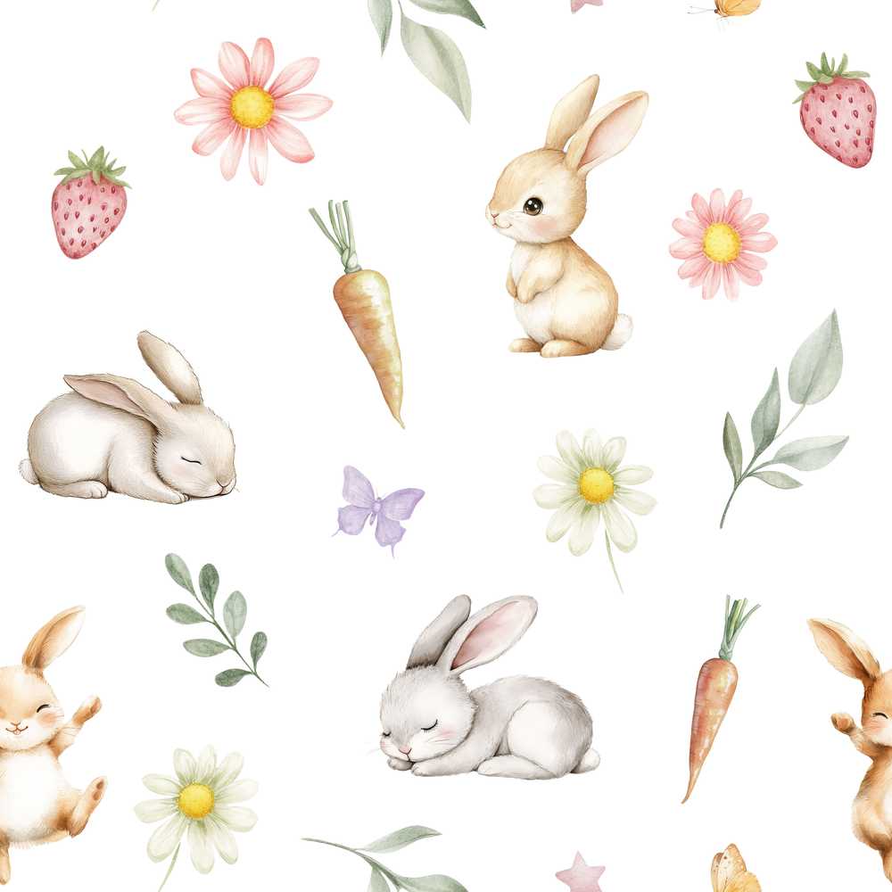 Cute Easter Bunnies with Flowers Carrots White Background Wildflower