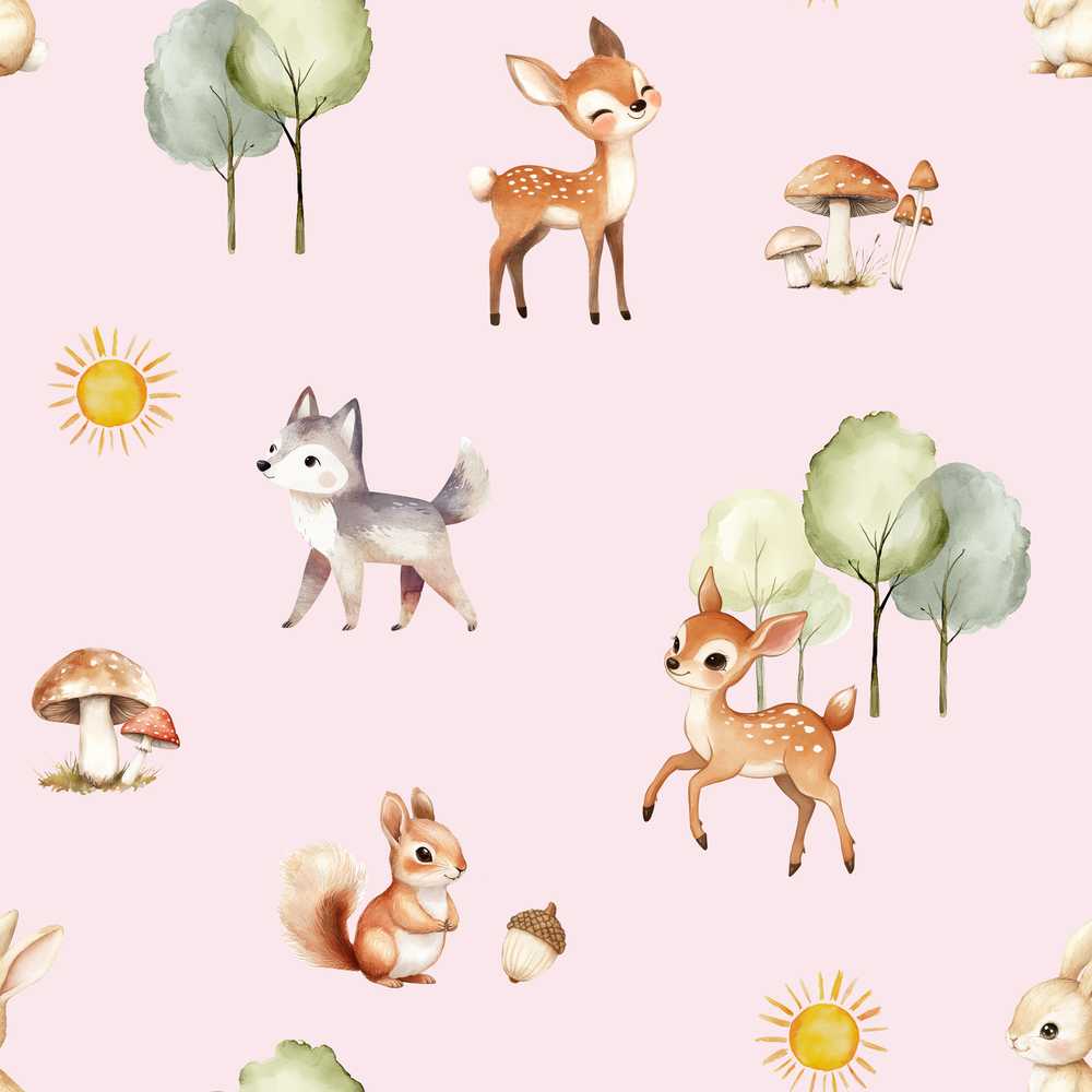 Woodland Deer Fox Squirrel Trees Mushrooms Sun Soft Pink