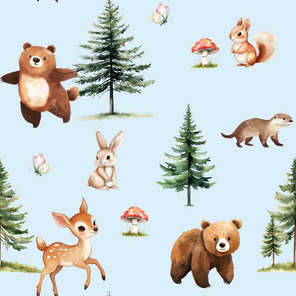 Bear Bunny Squirrel Trees Mushrooms Butterfly Soft Blue