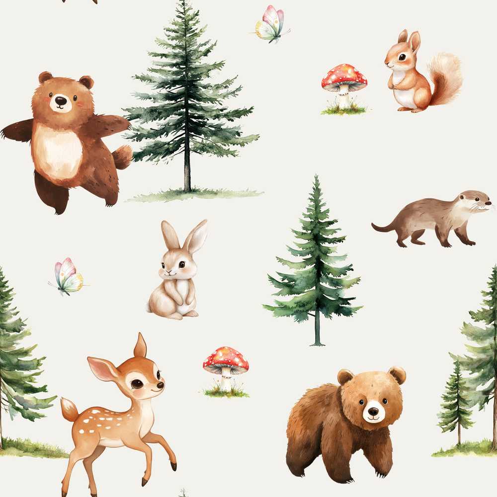Bear Bunny Squirrel Trees Mushrooms Butterfly Soft Neutral